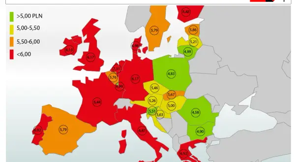 Mapa Europy z cenami paliwa PB95. Kolory wskazują przedziały cenowe, a kółka z liczbami pokazują konkretne wartości w PLN. Najwyższe ceny paliwa w Europie odnotowano w krajach zachodnich.