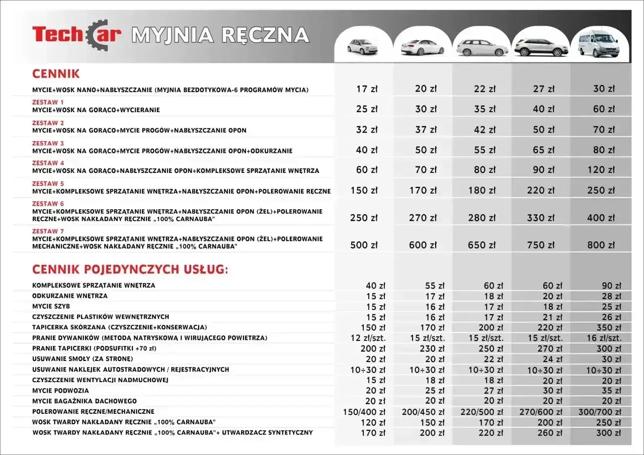 Cennik myjni ręcznej Techcar. Oferta obejmuje mycie, wosk, polerowanie i kompleksowe sprzątanie wnętrza. Sprawdź nasz cennik!