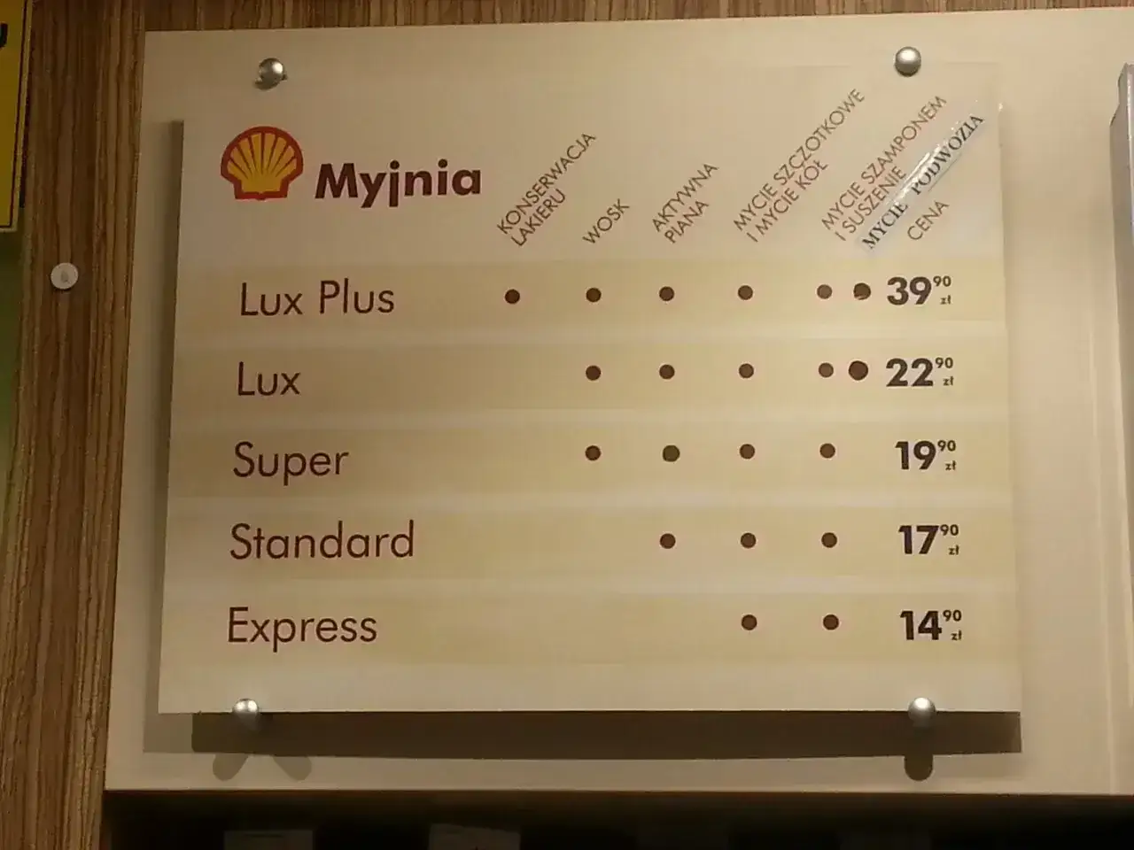 Cennik myjni Orlen: Lux Plus za 39,90 zł, Lux za 22,90 zł, Super za 19,90 zł, Standard za 17,90 zł, Express za 14,90 zł.