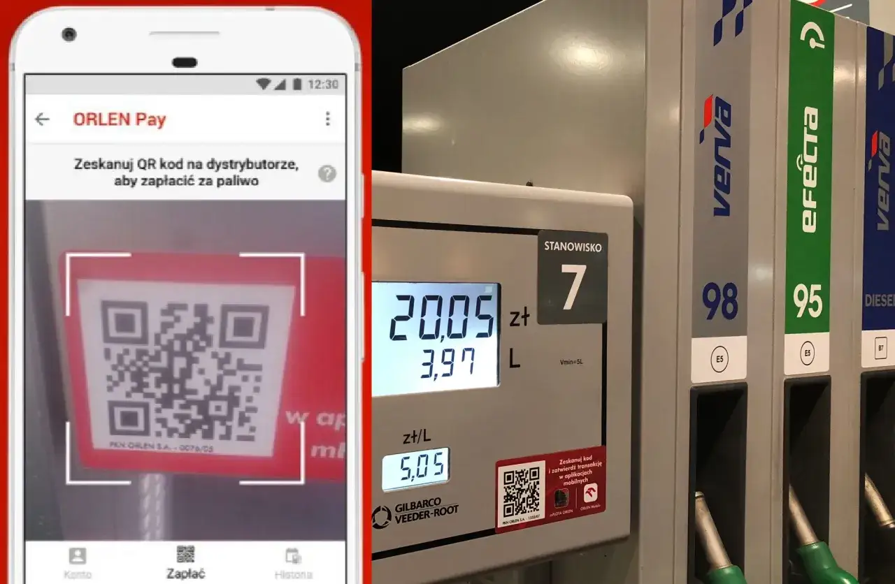 Aplikacja ORLEN Pay pokazuje kod QR do zeskanowania na dystrybutorze paliwa. Obok widoczny dystrybutor z cenami paliw i numerem stanowiska.