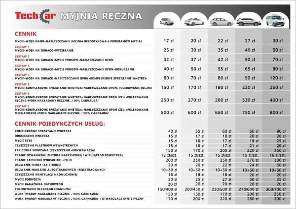 Cennik myjni ręcznej Techcar. Oferta obejmuje mycie, wosk, polerowanie i kompleksowe sprzątanie wnętrza. Sprawdź nasz cennik!