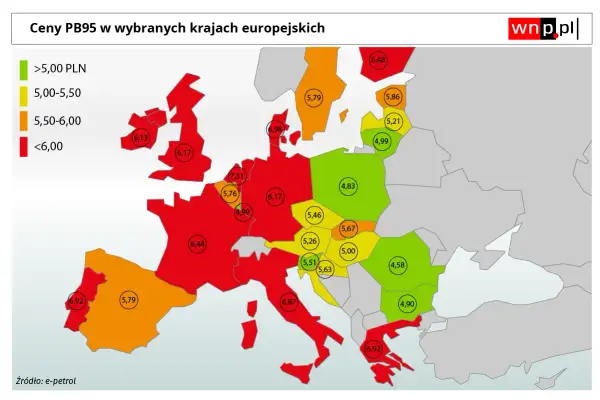 Mapa Europy z cenami paliwa PB95. Kolory wskazują przedziały cenowe, a kółka z liczbami pokazują konkretne wartości w PLN. Najwyższe ceny paliwa w Europie odnotowano w krajach zachodnich.