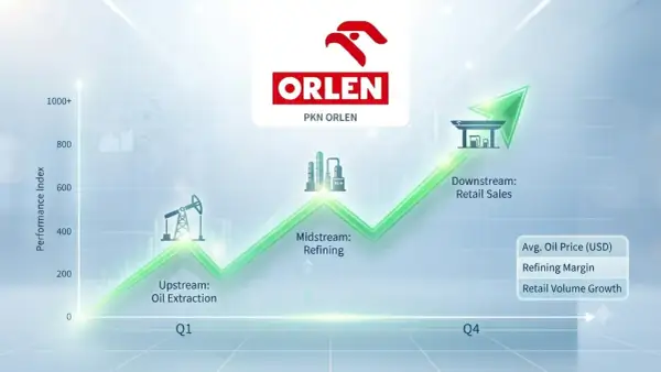 Wykres wzrostu akcji PKN ORLEN: od wydobycia ropy, przez rafinerię, po sprzedaż detaliczną. Wskaźnik wydajności rośnie.