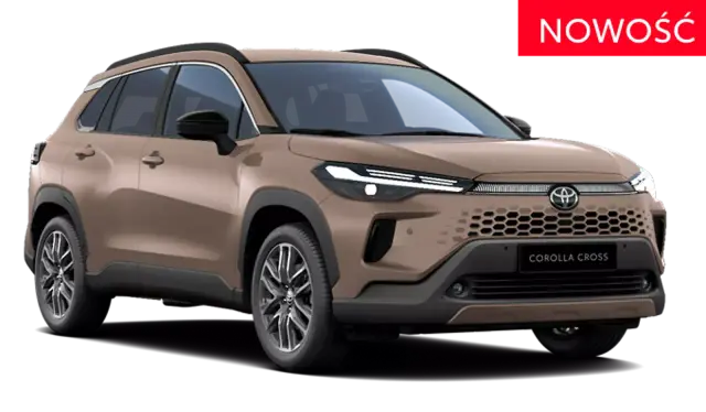 Nowość! Brązowy Toyota Corolla Cross Hybrid z nowoczesnym designem i charakterystycznym grillem.